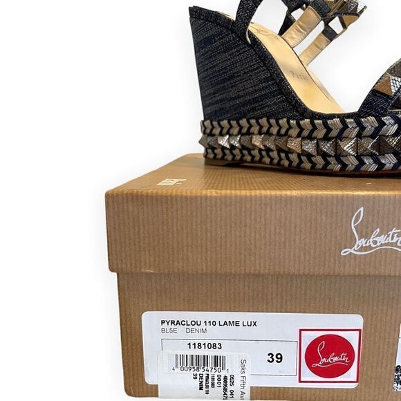 CHRISTIAN LOUBOUTIN Denim Lame Lux Pyraclou 110 Wedge Sandals |Size: 39| - Picture 11 of 13